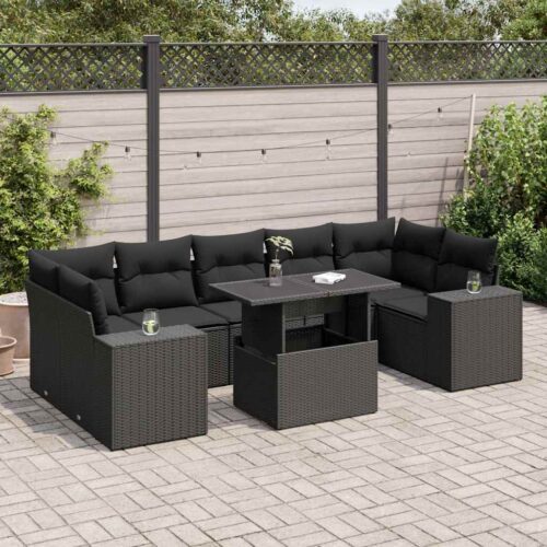 8-Piece Garden Sofa Set with Cushions Black Poly Rattan - Image 2