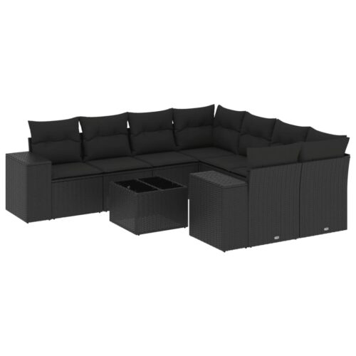 9-Piece Garden Sofa Set with Cushions Black Poly Rattan