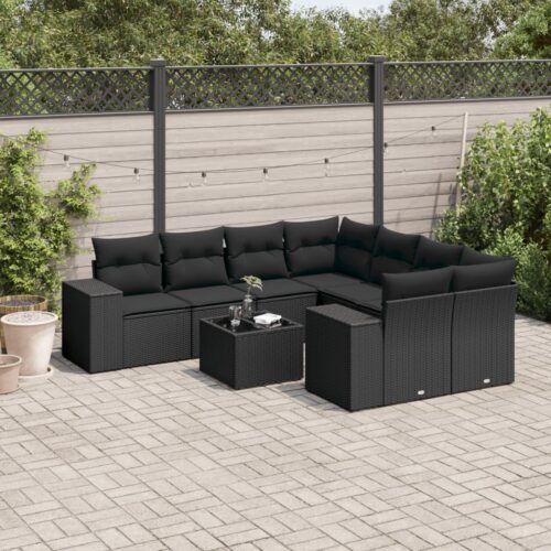 9-Piece Garden Sofa Set with Cushions Black Poly Rattan - Image 2