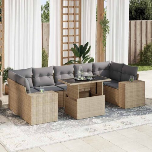8-Piece Garden Sofa Set with Cushions Beige Poly Rattan - Image 2