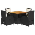 5-Piece Garden Dining Set with Cushions Black Poly Rattan