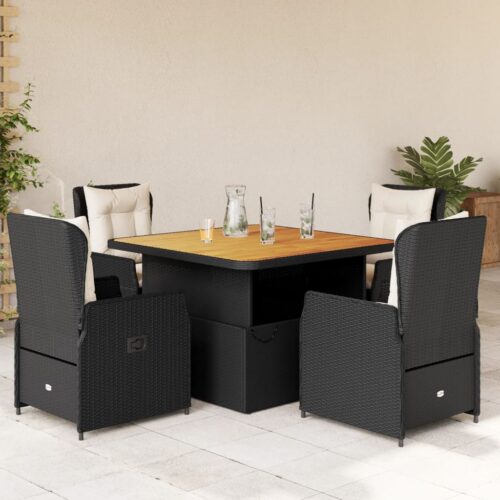 5-Piece Garden Dining Set with Cushions Black Poly Rattan - Image 2