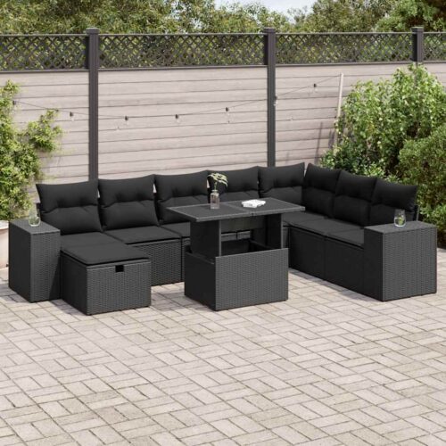 9-Piece Garden Sofa Set with Cushions Black Poly Rattan - Image 2