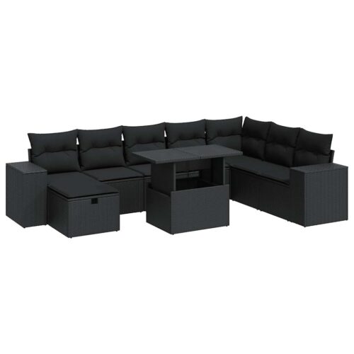 9-Piece Garden Sofa Set with Cushions Black Poly Rattan - Image 13