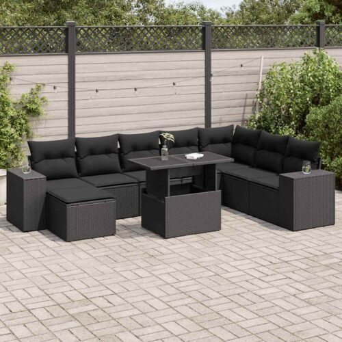 9-Piece Garden Sofa Set with Cushions Black Poly Rattan - Image 2