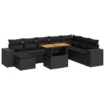 9-Piece Garden Sofa Set with Cushions Black Poly Rattan Acacia