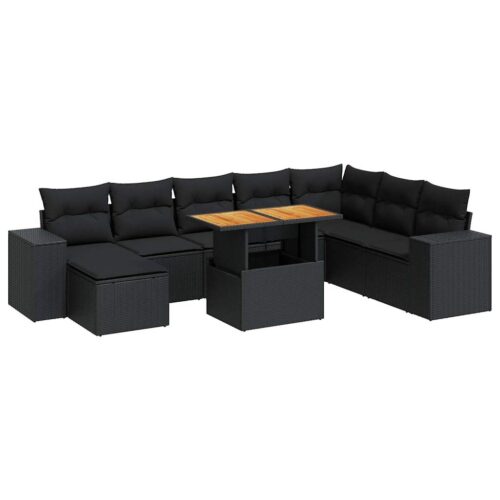 9-Piece Garden Sofa Set with Cushions Black Poly Rattan Acacia