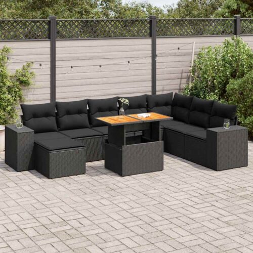 9-Piece Garden Sofa Set with Cushions Black Poly Rattan Acacia - Image 2