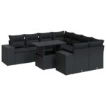 9-Piece Garden Sofa Set with Cushions Black Poly Rattan