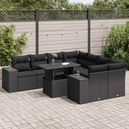 9-Piece Garden Sofa Set with Cushions Black Poly Rattan - Image 2