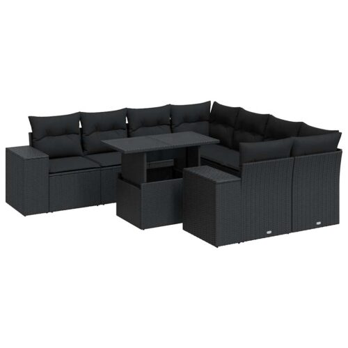 9-Piece Garden Sofa Set with Cushions Black Poly Rattan - Image 13