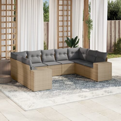 9-Piece Garden Sofa Set with Cushions Beige Poly Rattan - Image 2
