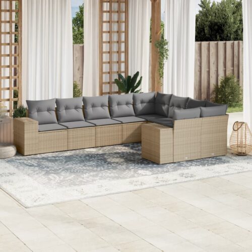 9-Piece Garden Sofa Set with Cushions Beige Poly Rattan - Image 2