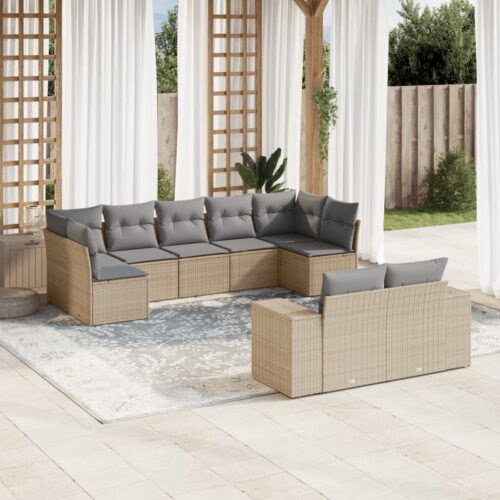 9-Piece Garden Sofa Set with Cushions Beige Poly Rattan - Image 2