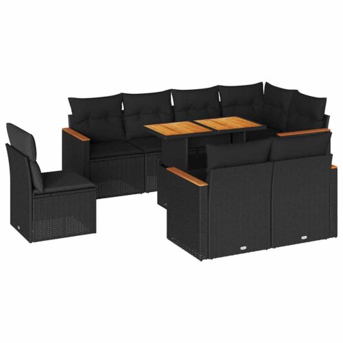 9-Piece Garden Sofa Set with Cushions Black Poly Rattan Acacia