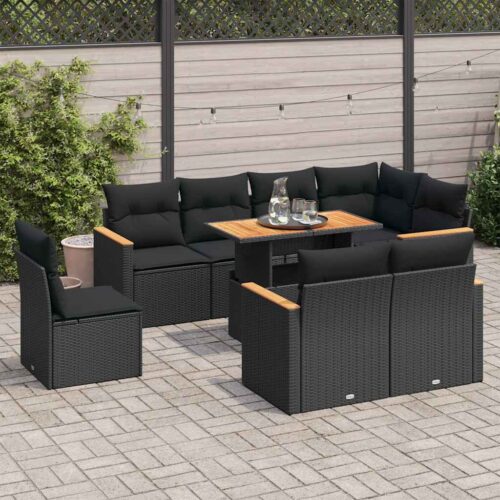 9-Piece Garden Sofa Set with Cushions Black Poly Rattan Acacia - Image 2