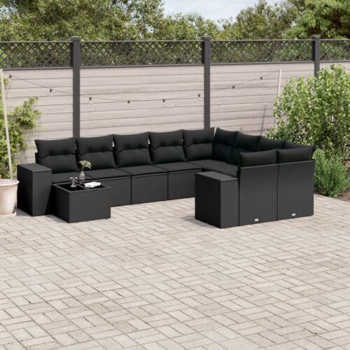 10-Piece Garden Sofa Set with Cushions Black Poly Rattan - Image 2