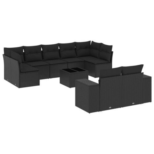 10-Piece Garden Sofa Set with Cushions Black Poly Rattan