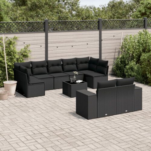 10-Piece Garden Sofa Set with Cushions Black Poly Rattan - Image 2