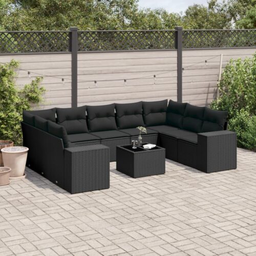 10-Piece Garden Sofa Set with Cushions Black Poly Rattan - Image 2