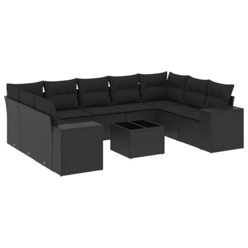 10-Piece Garden Sofa Set with Cushions Black Poly Rattan - Image 5