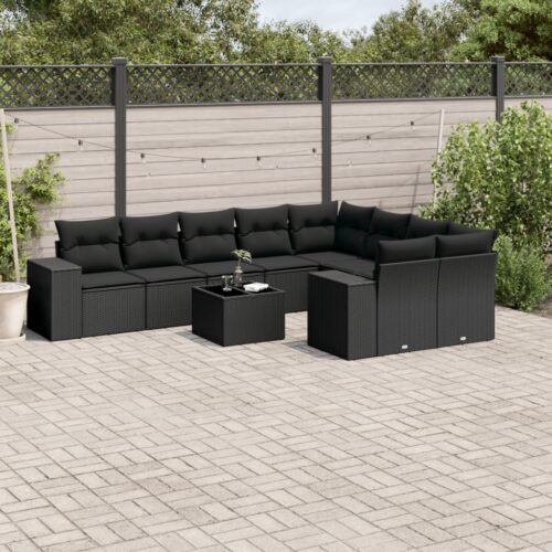 10-Piece Garden Sofa Set with Cushions Black Poly Rattan - Image 2