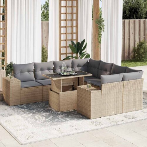 9-Piece Garden Sofa Set with Cushions Beige Poly Rattan - Image 2