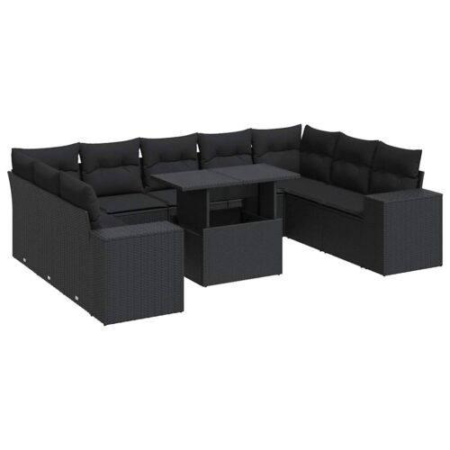 10-Piece Garden Sofa Set with Cushions Black Poly Rattan