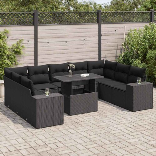 10-Piece Garden Sofa Set with Cushions Black Poly Rattan - Image 2