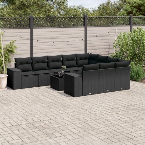 11-Piece Garden Sofa Set with Cushions Black Poly Rattan - Image 2