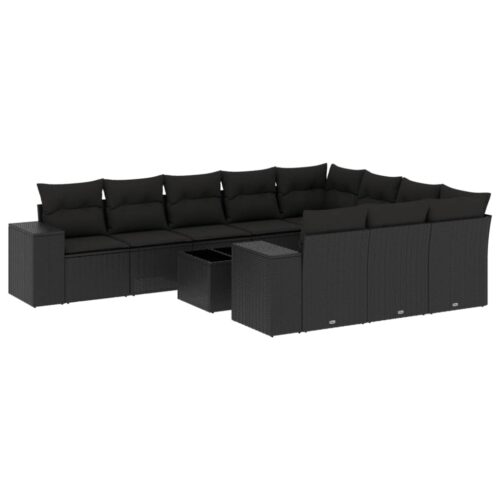 11-Piece Garden Sofa Set with Cushions Black Poly Rattan - Image 5