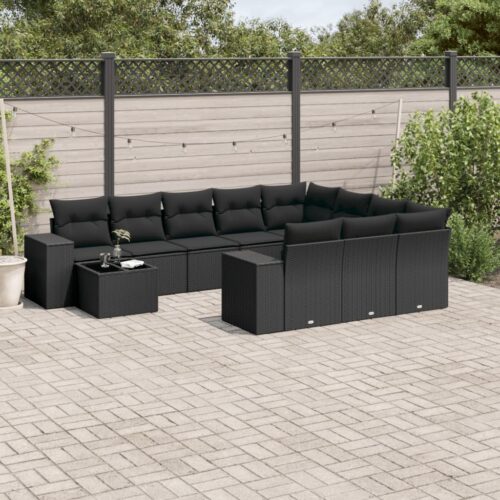 11-Piece Garden Sofa Set with Cushions Black Poly Rattan - Image 2
