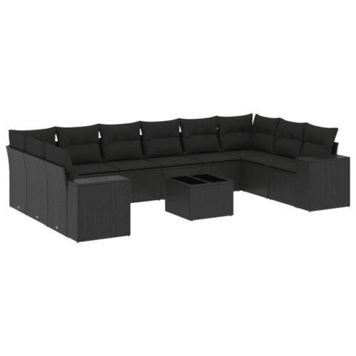 11-Piece Garden Sofa Set with Cushions Black Poly Rattan