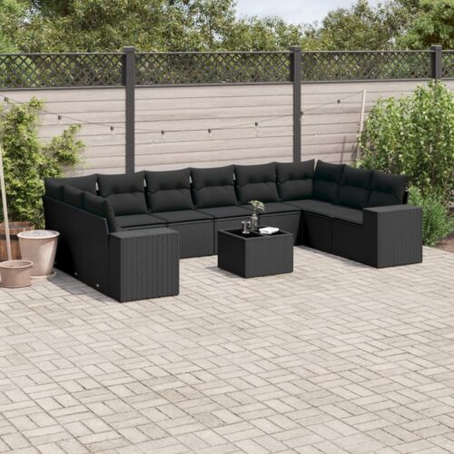 11-Piece Garden Sofa Set with Cushions Black Poly Rattan - Image 2