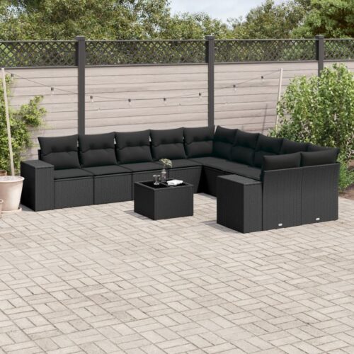 11-Piece Garden Sofa Set with Cushions Black Poly Rattan - Image 2