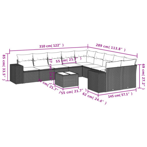 11-Piece Garden Sofa Set with Cushions Black Poly Rattan - Image 3