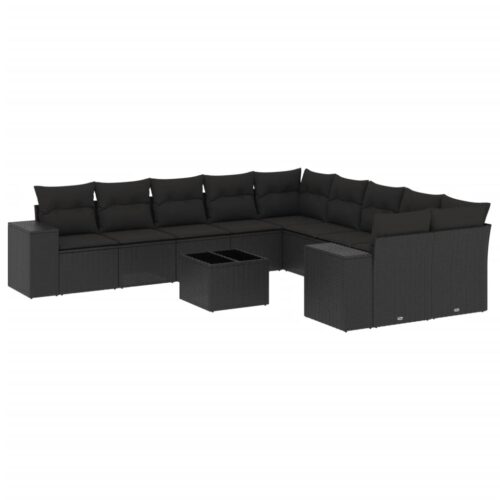 11-Piece Garden Sofa Set with Cushions Black Poly Rattan - Image 5