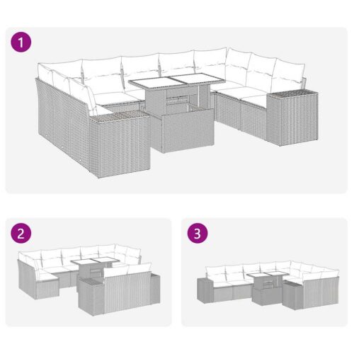 10-Piece Garden Sofa Set with Cushions Beige Poly Rattan - Image 11