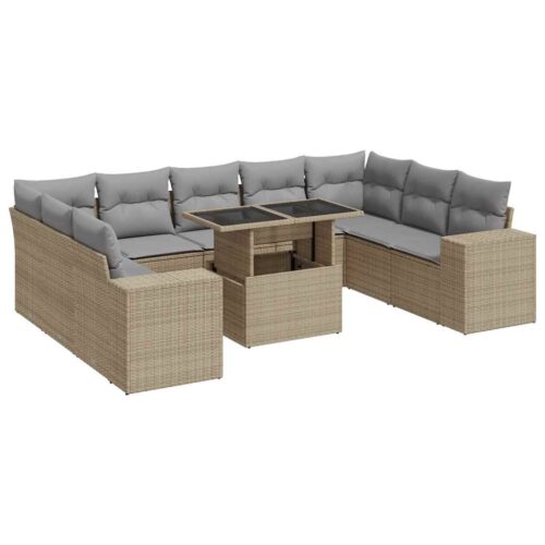 10-Piece Garden Sofa Set with Cushions Beige Poly Rattan - Image 13