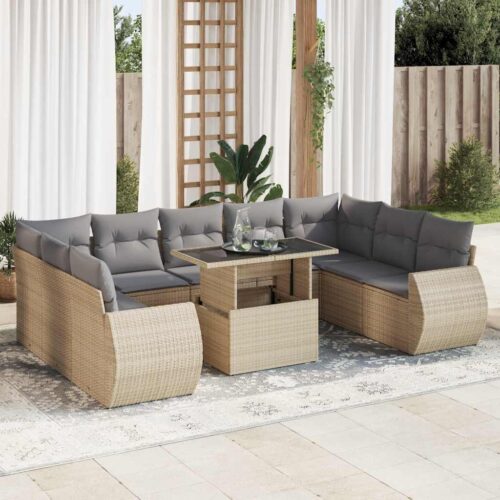 10-Piece Garden Sofa Set with Cushions Beige Poly Rattan - Image 2