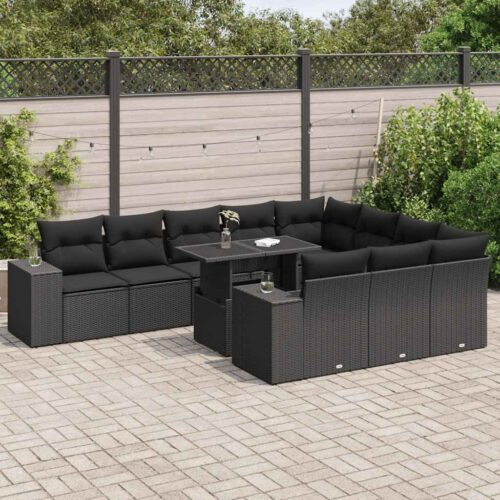 11-Piece Garden Sofa Set with Cushions Black Poly Rattan - Image 2