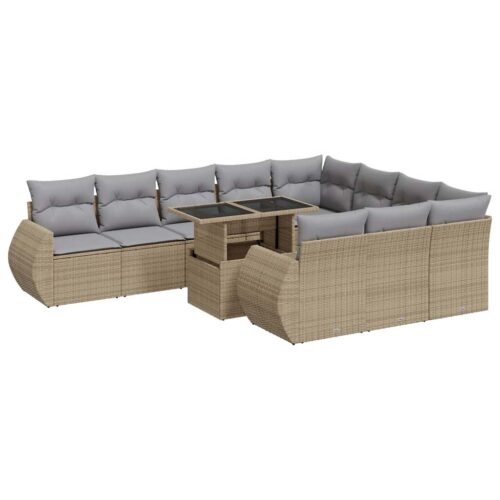 11-Piece Garden Sofa Set with Cushions Beige Poly Rattan - Image 13