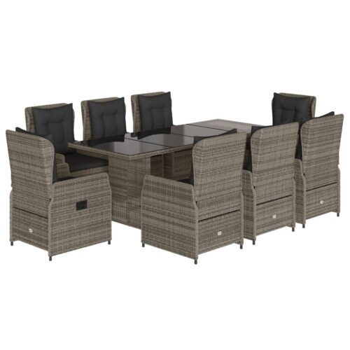 9-Piece Garden Dining Set with Cushions Grey Poly Rattan
