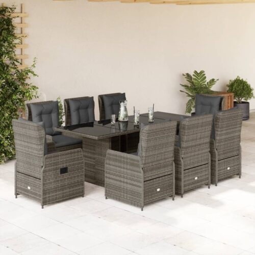 9-Piece Garden Dining Set with Cushions Grey Poly Rattan - Image 2