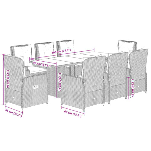 9-Piece Garden Dining Set with Cushions Grey Poly Rattan - Image 8