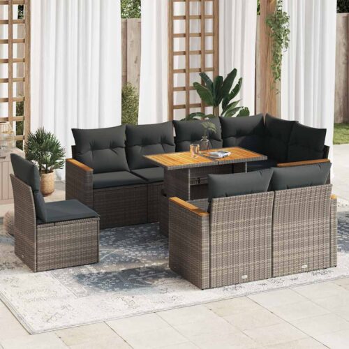 9-Piece Garden Sofa Set with Cushions Grey Poly Rattan Acacia - Image 2