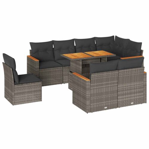 9-Piece Garden Sofa Set with Cushions Grey Poly Rattan Acacia - Image 13