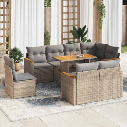 9-Piece Garden Sofa Set with Cushions Beige Poly Rattan Acacia - Image 2