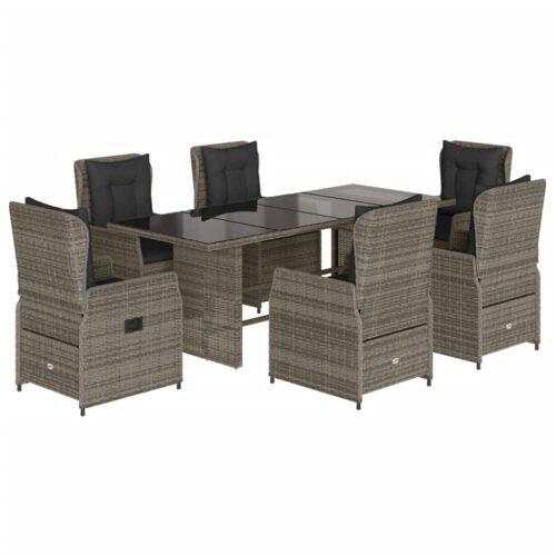 7-Piece Garden Dining Set with Cushions Grey Poly Rattan