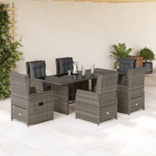 7-Piece Garden Dining Set with Cushions Grey Poly Rattan - Image 2